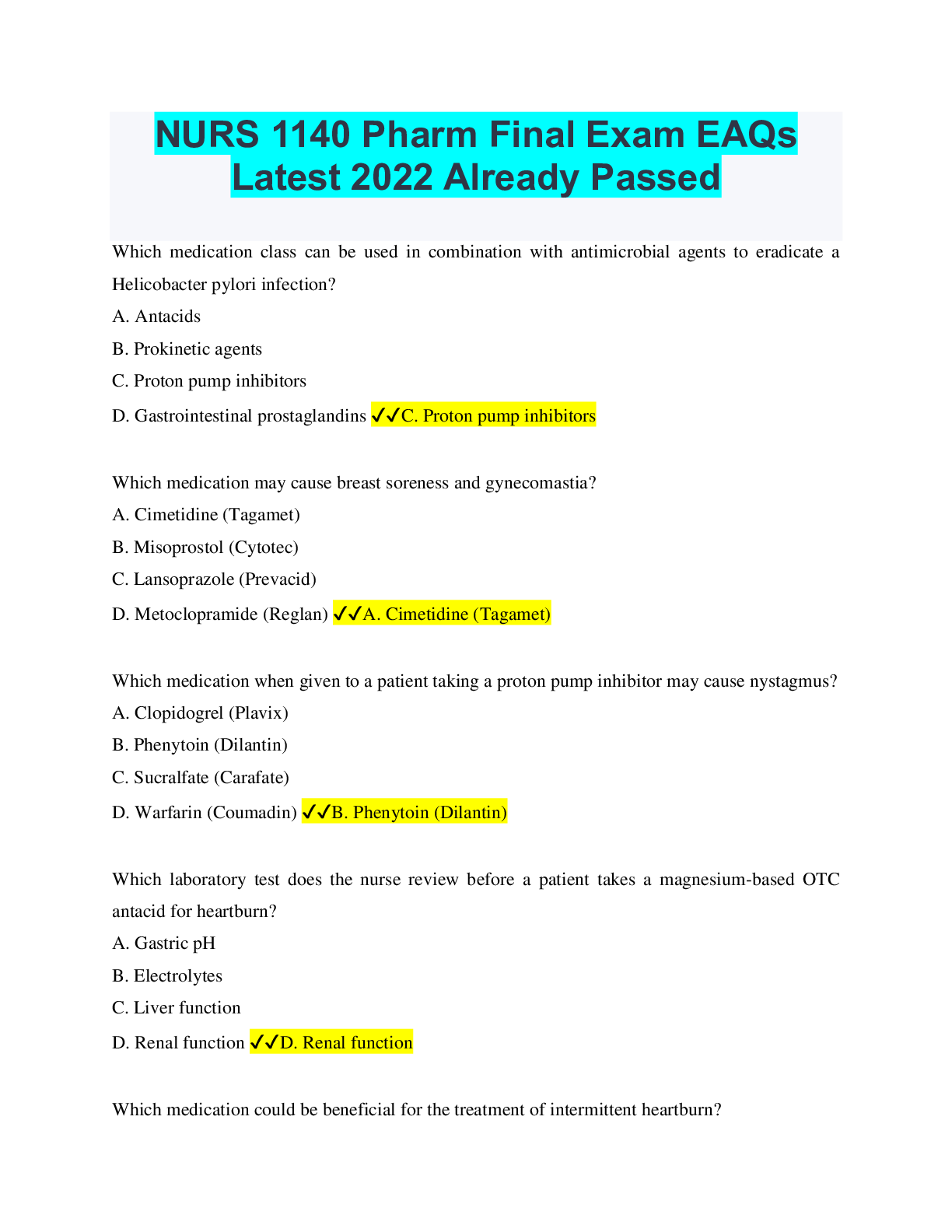 Preview of NURS 1140 Pharm Final Exam EAQs Latest 2022 Already Passed